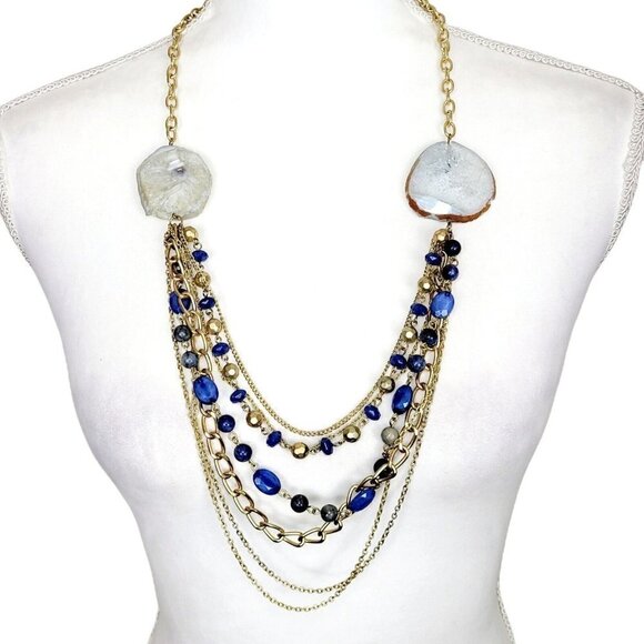 Large Multi-Gemstone Necklace Multi-Strand Gold Tone Statement Chains & Beads - Picture 1 of 9